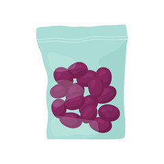 Purple grapes in plastic pack vector illustration. Packaging with berries or healthy snack for lunch at school or office on white background. Lunch break, food concept