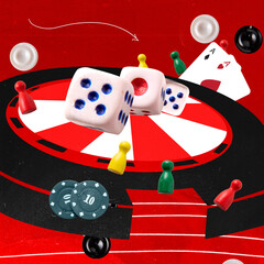 Contemporary art collage. Creative design. Casino attributes over red background. Online game,...