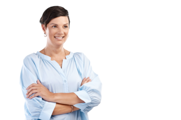 Cropped shot of an attractive young woman looking thoughtful in studio against an isolated transparent png background.