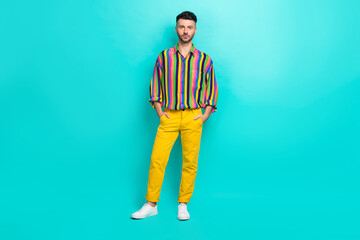 Full length photo of young serious confident guy owner it company wear freak retro outfit from 90s...