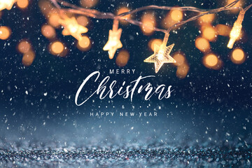 Merry Christmas and happy new year, Christmas stars lights with falling snow, snowflakes, Winter...