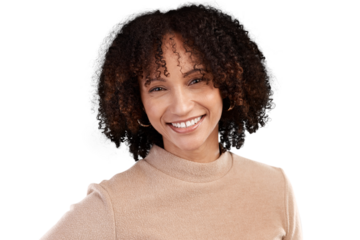 Cropped portrait of an attractive young woman posing in studio against an isolated transparent png background.