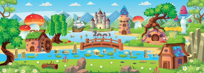 Landscape with islands, mountains and a river with wooden bridge, houses of hobbits and gnomes, castle and lighthouse, mushrooms. Fantasy castle with towers on the island. Vector.