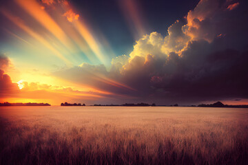 Naklejka na ściany i meble Tranquil sunset over a field. Great photo to show hope, peaceful view, travel and more. 