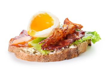 Delicious toast with boiled egg and fried bacon on white background