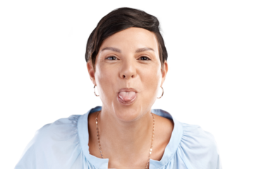 Cropped portrait of an attractive young woman pulling tongue in studio against an isolated transparent png background.
