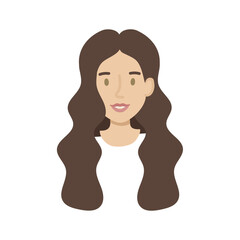 Girl face flat. Friendly young woman with long wavy dark hair. Hand drawn vector illustration.