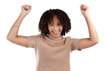 Cropped portrait of an attractive young woman cheering in studio against an isolated transparent png background.