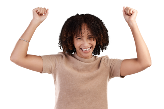 Cropped portrait of an attractive young woman cheering in studio against an isolated transparent png background.