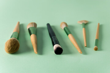 Set of Makeup Brushes on Green Background Minimal Flat Lay Horizontal