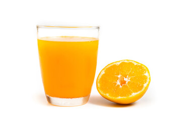 Freshness orange juice in clear glass  slice orange on white background.
