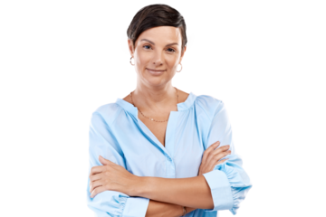 Cropped portrait of an attractive young woman standing with her arms folded in studio against an isolated transparent png background.