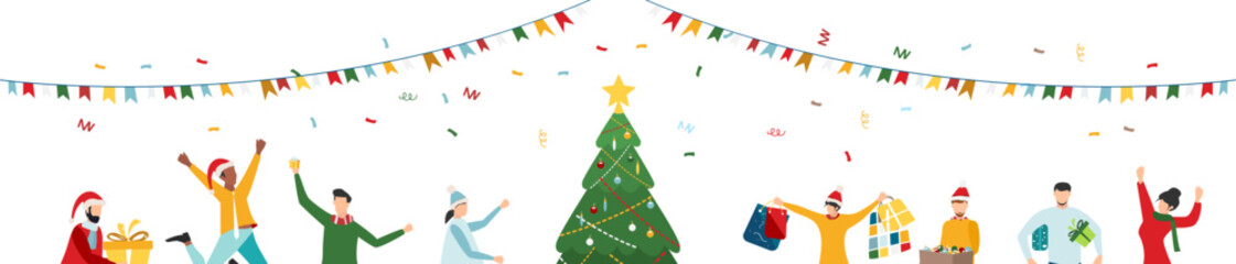 Happy people at a Christmas and New Year's corporate party. Positive men and women dancing and having fun. Set of modern vector characters.