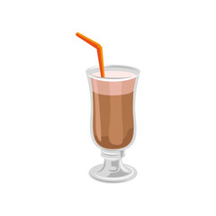 Chocolate layered cocktail with straw cartoon illustration. Sweet chocolate dessert for gift or lunch isolated on white background. Restaurant, nutrition concept.