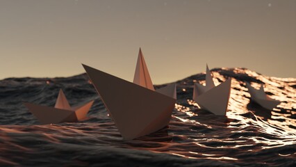 3d rendering paper boat in the middle of the sea in the afternoon
