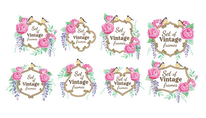 Round vintage frame consists of curls and monograms with peonies, wisteria and birds. Beautiful decorative frame and label. Elements for design.