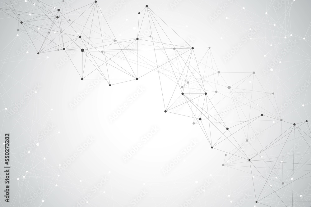 Poster Geometric graphic background molecule and communication. Big data complex with compounds. Lines plexus, minimal array. Digital data visualization. Scientific cybernetic illustration.
