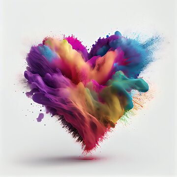 Rainbow exploding heart made from powder on white background. Freeze shape motion of color powder explosion. St. Valentine's Day card creative idea. AI generated image. 