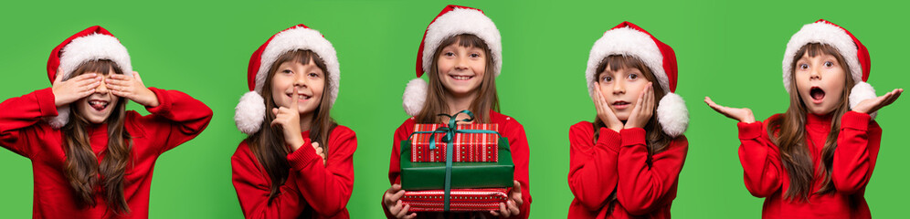Collage Cheerful smiling girl in Santa's hat is happy with New Year's gifts in her hands. Different emotions. Merry Christmas. Isolated on a green background.