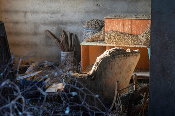 Bird droppings on desolated furniture in a former miner's house, Mazarron, Spain