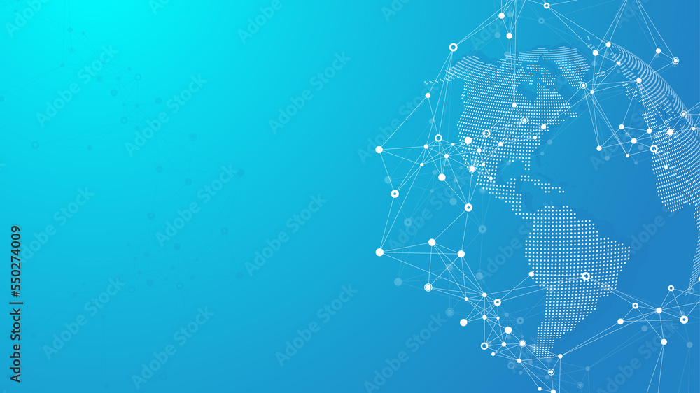 Poster Global communication network concept illustration. Social network communication in the global business. Big data visualization. Internet technology