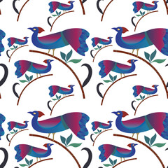 Seamless, Contemporary Abstract wild and domesticated animals. Folk style. Mid Century Modern Art design for paper, cover, fabric, interior decor, and other users. 