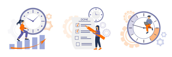 Vector illustration of time management. Characters who successfully organize their tasks and meetings, manage time and schedule, plan project tasks. The concept of time management.