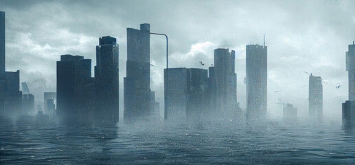 Panorama Big city is flooded by the sea generative ai illustration