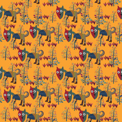 Seamless, Contemporary Abstract wild and domesticated animals. Folk style. Mid Century Modern Art design for paper, cover, fabric, interior decor, and other users. 
