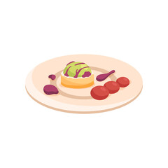 Molecular bubble food served on white plate illustration. Side view of molecular dish. Scientific approach to cooking. Luxury food, course, gastronomy, chemistry concept