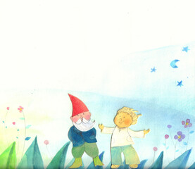 illustration in watercolor, crayons and collage of an elf and  a dwarf