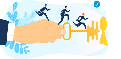 Hand holding golden key business success team run to goal vector. Leader boss key to business concept