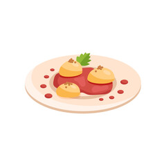 Molecular yellow and red food on plate cartoon illustration. Side view of molecular dish. Scientific approach to cooking. Luxury food, course, gastronomy, chemistry concept