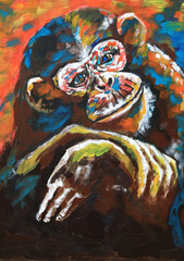 Modern colorful hand-painted acrylic portrait of a monkey