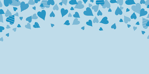 blue pattern heart confetti border on white background