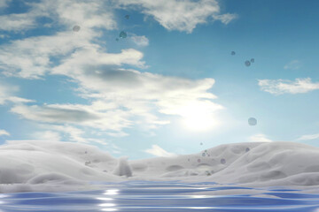Realistic water foam background 3D bubble and sky empty product placement for display scene presentation