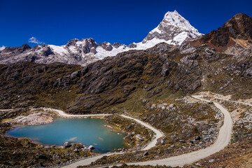 Turquoise Llanganuco lake in Cordillera Blanca, snowcapped Andes, Ancash, Peru