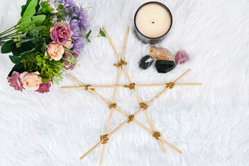 Wooden pentagram, Pagan Branch Pentagram - witchcraft tools of natural wood, aroma wax candle,...