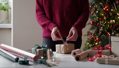 Woman in a burgundy sweater packs a lot of boxes with gifts in beautiful paper and ribbons, bows on...