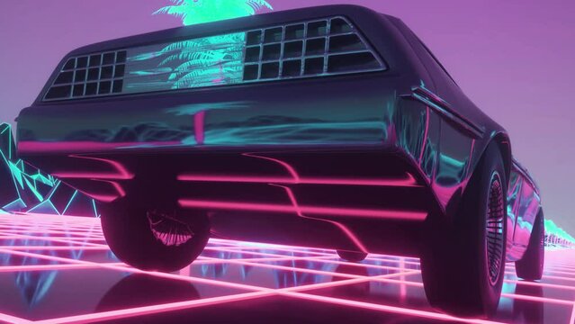Retro-futuristic 80s style sci-Fi car background. Seamless loop 3D video animation