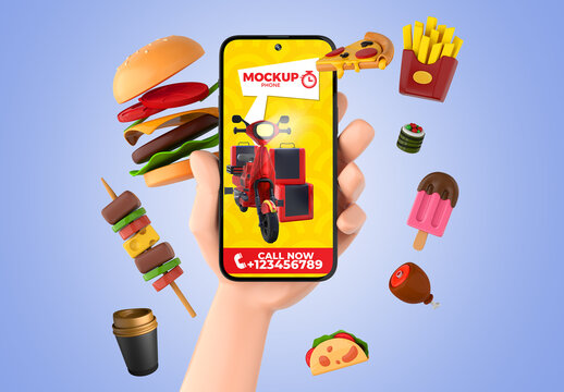 Cartoon Hand Holding Phone Mockup with food 


