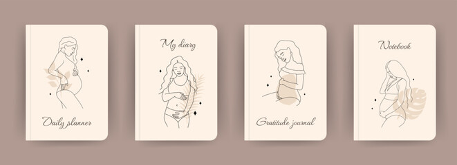 Cover page notebook collection. Templates with abstract pregnant women in one line style. Perfect for diary, books, magazines, journals, catalogs, planners and flyers. Vector layouts.