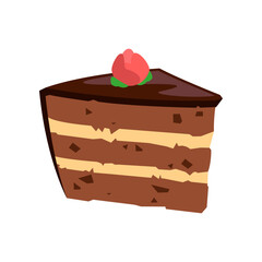 Piece of chocolate sponge cake cartoon illustration. Sweet chocolate dessert for gift or lunch with frosting and strawberry isolated on white background. Restaurant, nutrition concept.