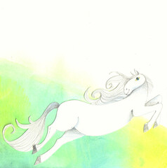 illustration in watercolor, crayons and collage of a white horse on a colorful background