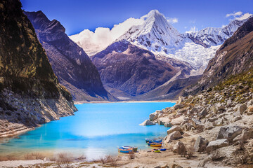 Turquoise Paron lake in Cordillera Blanca, snowcapped Andes, Ancash, Peru