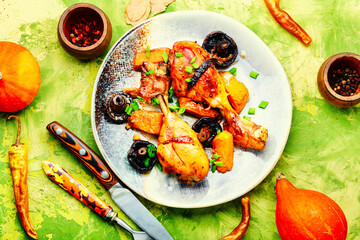 Grilled chicken legs with pumpkin pieces.