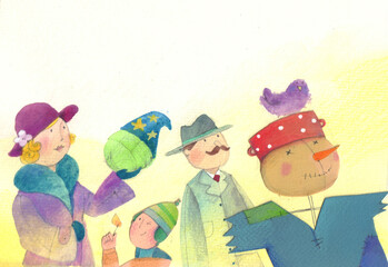 illustration in watercolor, crayons and collage of people wearing hats