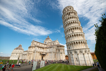 The Square of Miracles or Piazza dei Miracoli in Pisa with the Leaning Tower of Pisa, the Cathedral and Baptistery - Pisa, Italy.