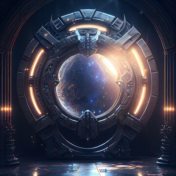 Raster illustration of portal from civilization to the parallel world. An empty gray room with an entrance to another world. 