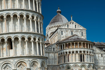 The Square of Miracles or Piazza dei Miracoli in Pisa with the Leaning Tower of Pisa, the Cathedral and Baptistery - Pisa, Italy.